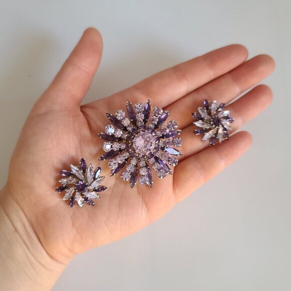 Sherman Swarovski amethyst purple circle brooch pin clip on earrings set Navette - Picture 7 of 16